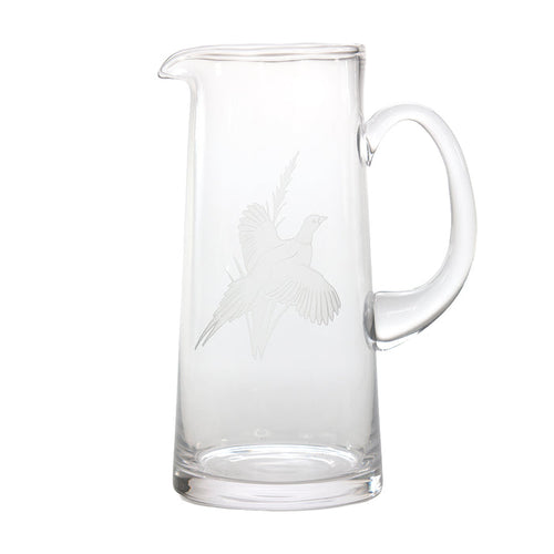 60 oz. clear glass tankard pitcher featuring a delicate etched pheasant design, crafted in the USA.
