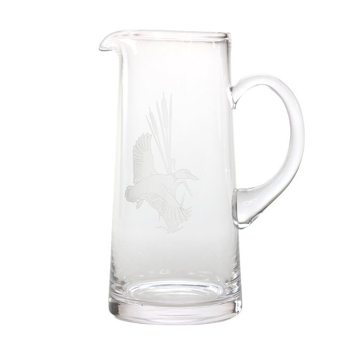 60 oz. clear glass tankard pitcher featuring a delicate etched duck motif, crafted in the USA.