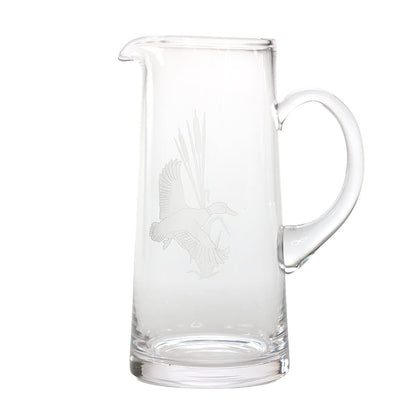 60 oz. clear glass tankard pitcher featuring a delicate etched duck motif, crafted in the USA.