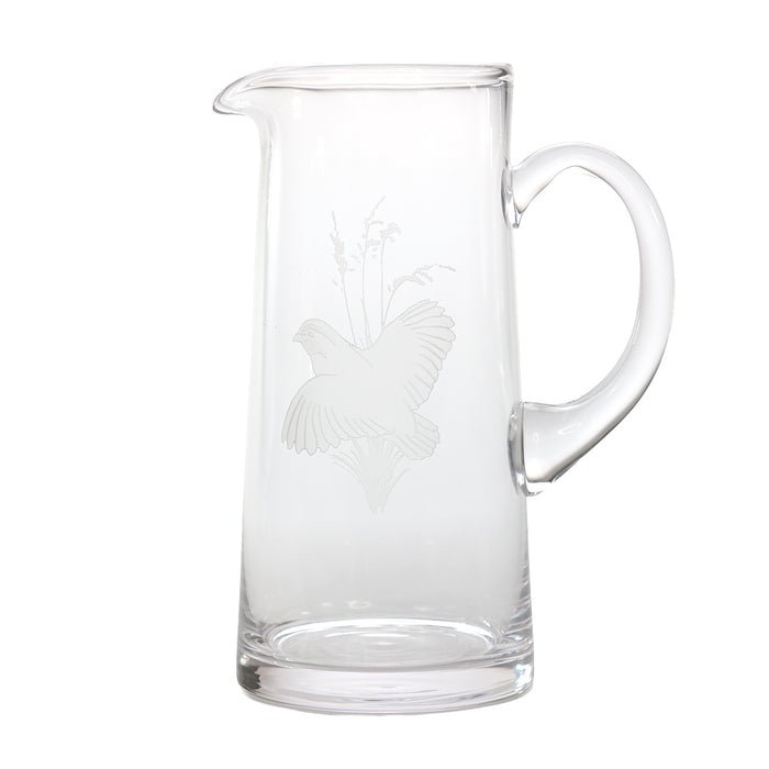 60 oz. clear glass tankard pitcher featuring a delicate etched quail motif, crafted in the USA.
