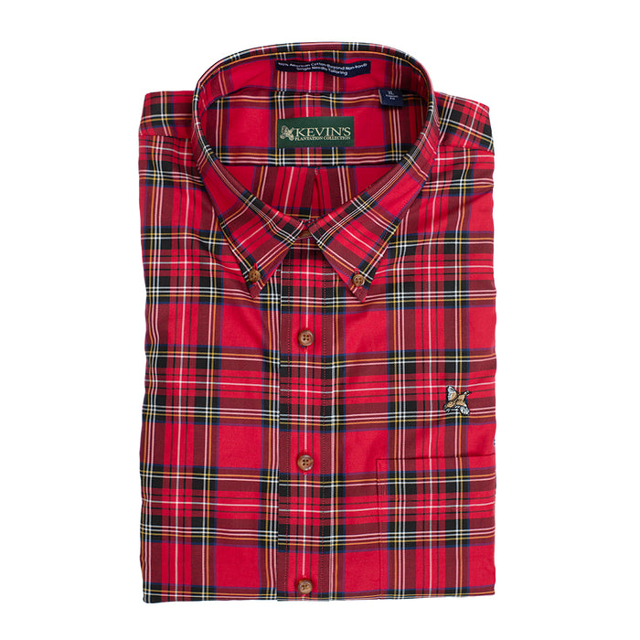Red plaid long-sleeve cotton performance shirt with a button-down collar and embroidered quail detail.