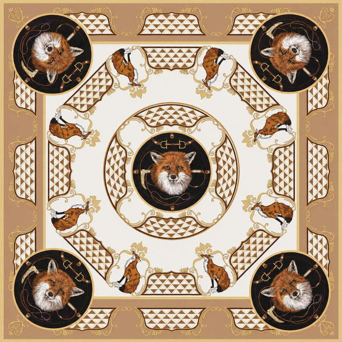 36-inch square silk scarf featuring a fox hunt motif, equestrian details, and hand-rolled edges in tan, black, and white.