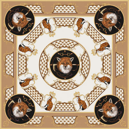 36-inch square silk scarf featuring a fox hunt motif, equestrian details, and hand-rolled edges in tan, black, and white.