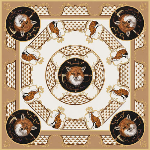 36-inch square silk scarf featuring a fox hunt motif, equestrian details, and hand-rolled edges in tan, black, and white.
