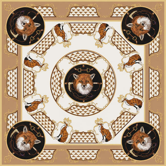 36-inch square silk scarf featuring a fox hunt motif, equestrian details, and hand-rolled edges in tan, black, and white.
