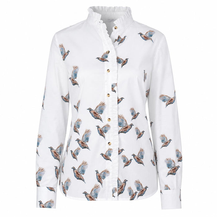 White long-sleeve blouse with a ruffled collar, button front, and a dynamic bobwhite quail print.