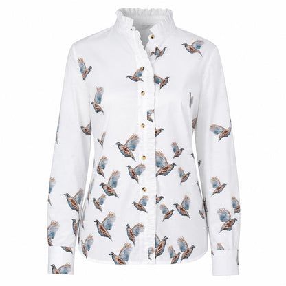White long-sleeve blouse with a ruffled collar, button front, and a dynamic bobwhite quail print.