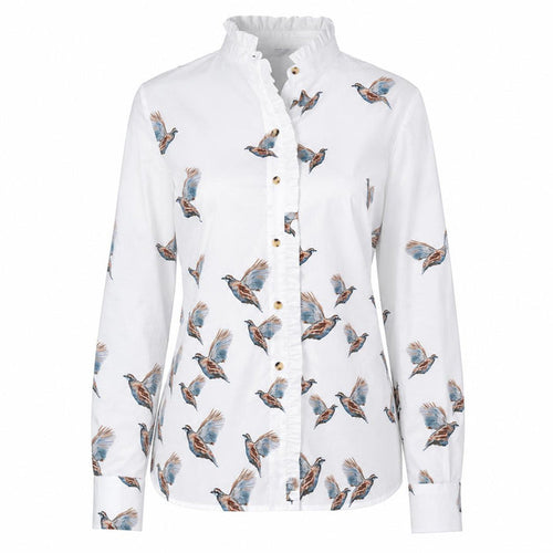 White long-sleeve blouse with a ruffled collar, button front, and a dynamic bobwhite quail print.