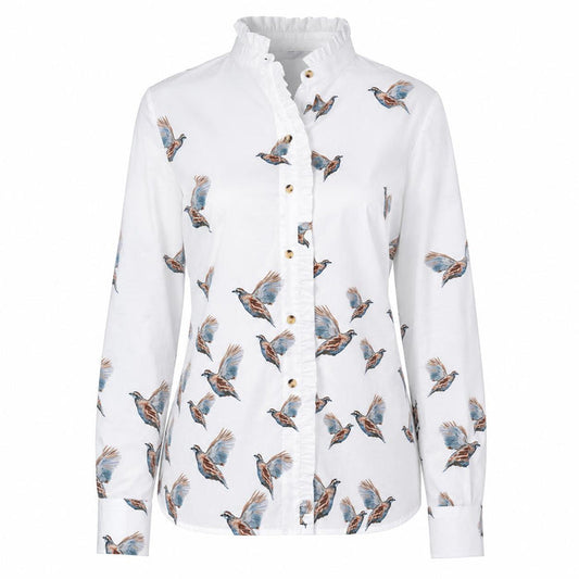 White long-sleeve blouse with a ruffled collar, button front, and a dynamic bobwhite quail print.