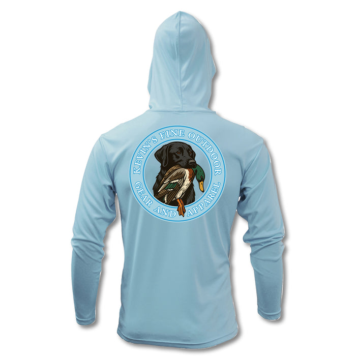 Light blue long sleeve performance hoodie featuring a black lab and duck graphic on the back.