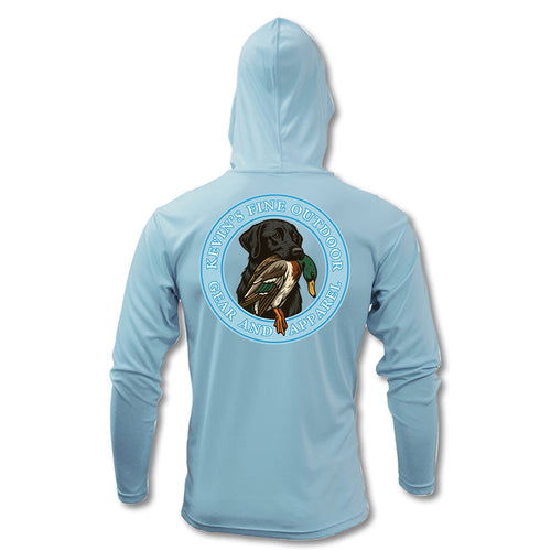 Light blue long sleeve performance hoodie featuring a black lab and duck graphic on the back.