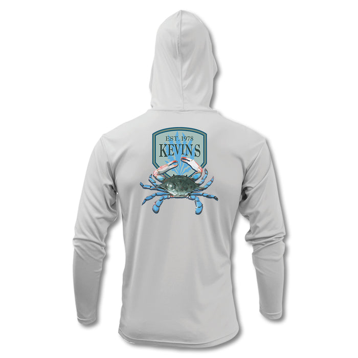 Light blue performance long sleeve hoodie featuring a Kevin's blue crab graphic on the back.