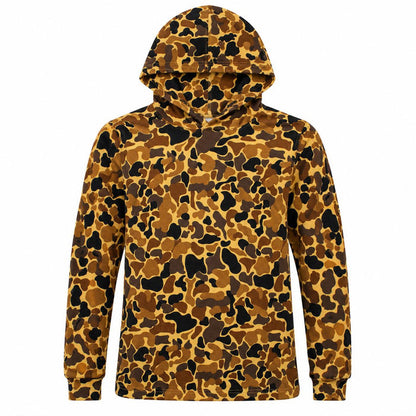 Kids' lightweight bamboo-spandex camo hoodie in brown, tan, and black patterns for outdoor play.