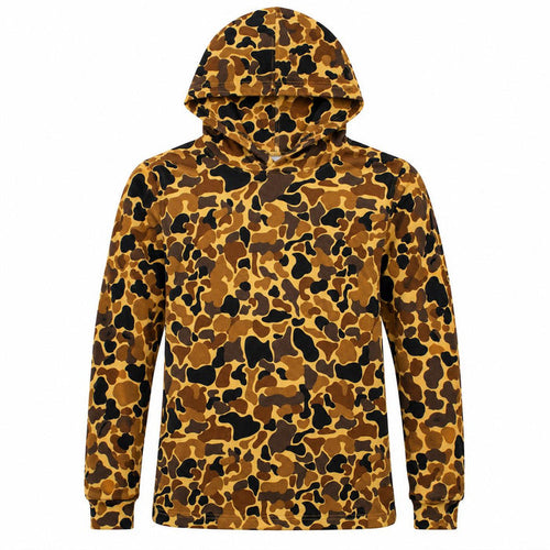Kids' lightweight bamboo-spandex camo hoodie in brown, tan, and black patterns for outdoor play.