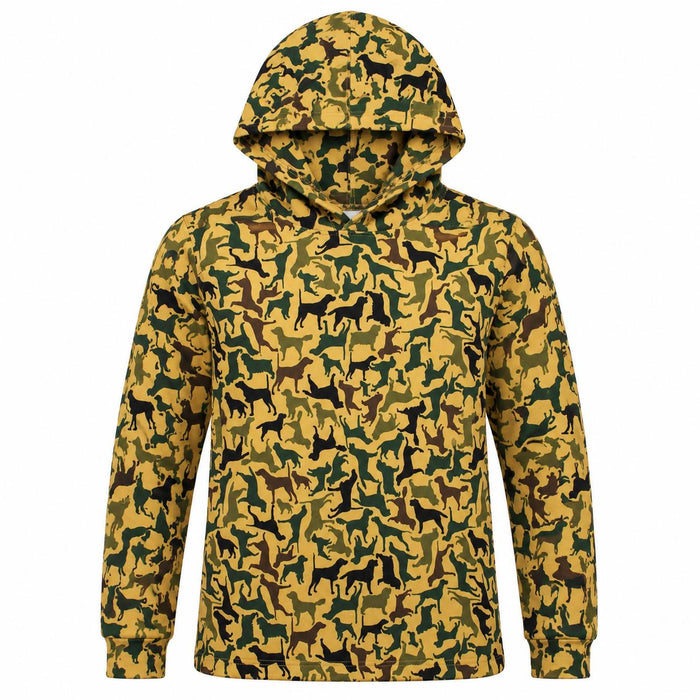 Kids' yellow camo hoodie featuring a dog silhouette pattern, made from soft, stretchy bamboo-spandex for outdoor play.