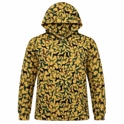 Kids' yellow camo hoodie featuring a dog silhouette pattern, made from soft, stretchy bamboo-spandex for outdoor play.