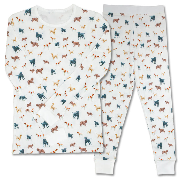 Organic cotton two-piece kids pajama set in white with a colorful hunt dog print, featuring long sleeves and elastic bottoms.