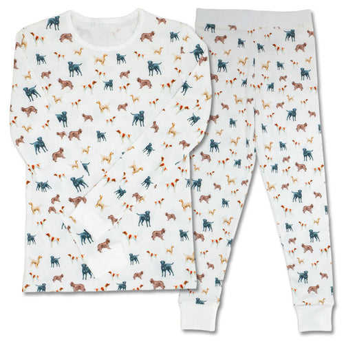 Organic cotton two-piece kids pajama set in white with a colorful hunt dog print, featuring long sleeves and elastic bottoms.