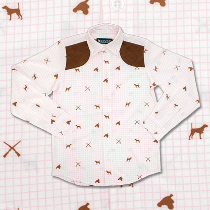Kids' white performance shooting shirt with pink grid pattern, brown dog prints, and brown shoulder patches.