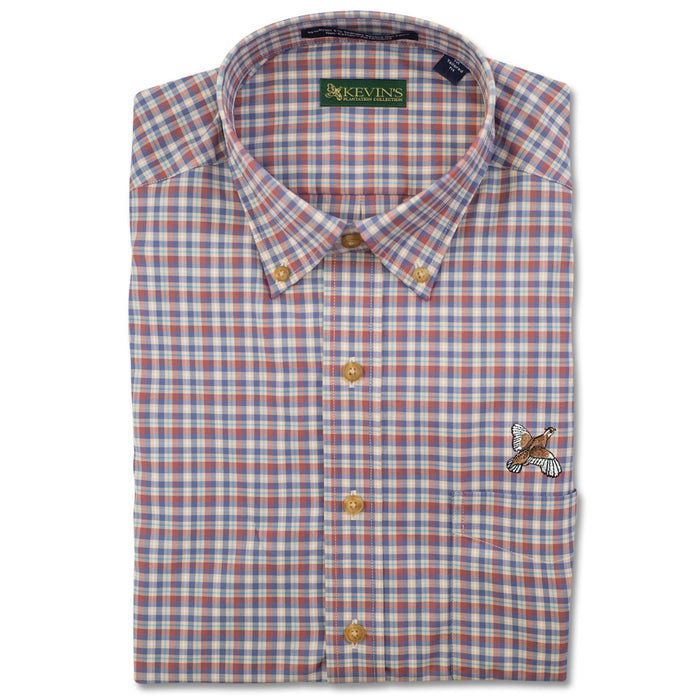 Kevin's long-sleeve button-down shirt in a blue and rust plaid pattern with a quail embroidery on the chest pocket.