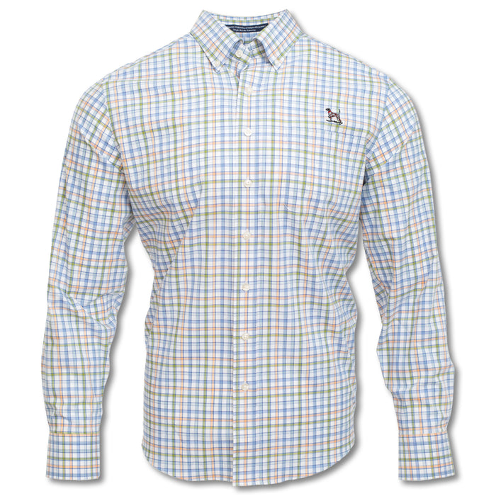 Kevin’s wrinkle-free long-sleeve button-down shirt in a multi-color plaid cotton pattern with a pointer dog chest logo.