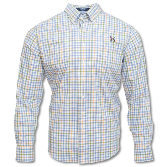 Kevin’s wrinkle-free long-sleeve button-down shirt in a multi-color plaid cotton pattern with a pointer dog chest logo.