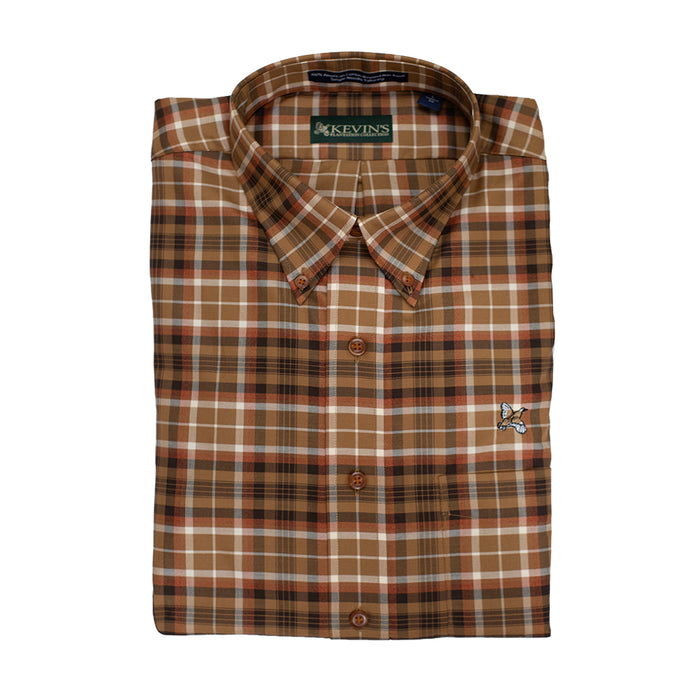 Folded brown plaid long-sleeve button-down shirt with a quail embroidery and cooling performance fabric.