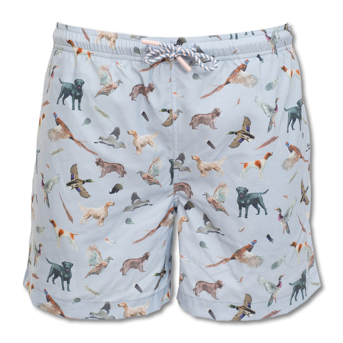 Light blue performance swim trunks featuring a hunting-themed print of dogs and birds with an elastic drawstring waist.
