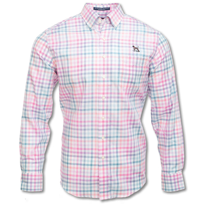 Kevin's Morton long-sleeve button-down shirt in a multi-color plaid cotton with a pointer dog logo on the chest.