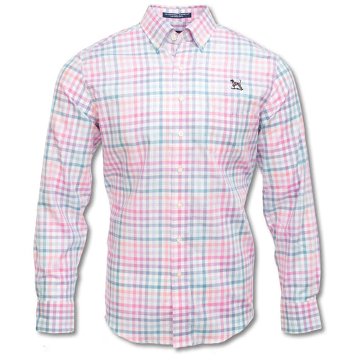 Kevin's Morton long-sleeve button-down shirt in a multi-color plaid cotton with a pointer dog logo on the chest.