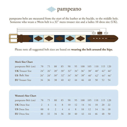 Pampeano Jefe polo belt size guide showing leather belt measurements and conversion charts for men's and women's sizing.
