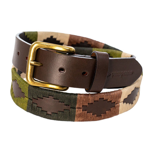 Kevin's Pampeano vintage green belt featuring hand-stitched geometric patterns, brown leather trim, and a brass buckle.