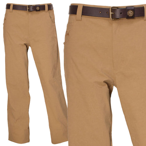 Tan Kevin’s Performance five-pocket field pants in a lightweight, stretch nylon blend with a brown leather belt.