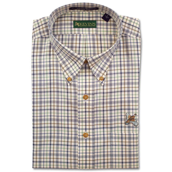 Kevin's long-sleeve cotton button-down shirt in a blue and green plaid pattern with an embroidered quail on the chest.