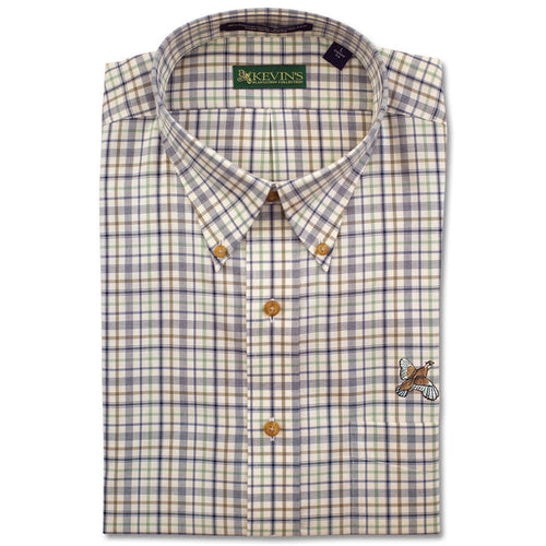 Kevin's long-sleeve cotton button-down shirt in a blue and green plaid pattern with an embroidered quail on the chest.