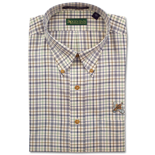 Kevin's long-sleeve cotton button-down shirt in a blue and green plaid pattern with an embroidered quail on the chest.