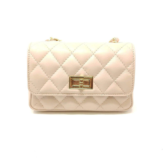 Blush pink quilted leather crossbody bag with a gold turn-lock clasp and shoulder strap, 8 by 5 inches.