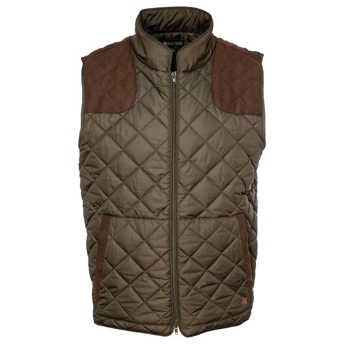 Olive green quilted nylon vest with brown suede shooting pads and trim, featuring a full-zip front and tailored fit.