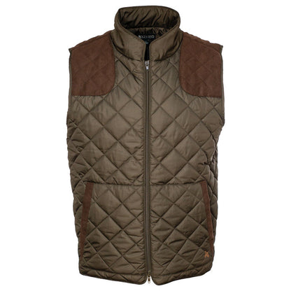 Olive green quilted nylon vest with brown suede shooting pads and trim, featuring a full-zip front and tailored fit.