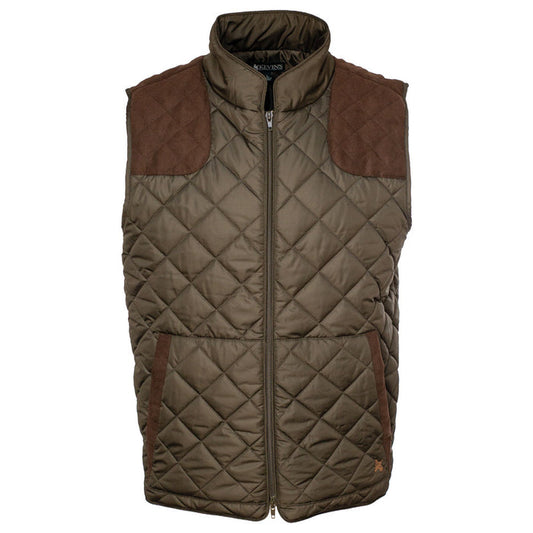 Olive green quilted nylon vest with brown suede shooting pads and trim, featuring a full-zip front and tailored fit.
