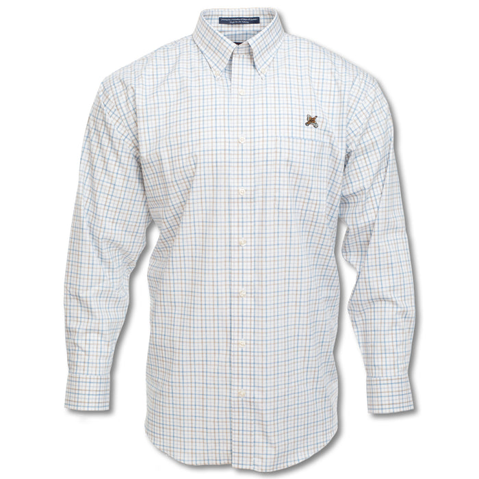 Kevin's wrinkle-free, long-sleeve button-down shirt in a blue and tan plaid cotton pattern with a quail chest embroidery.