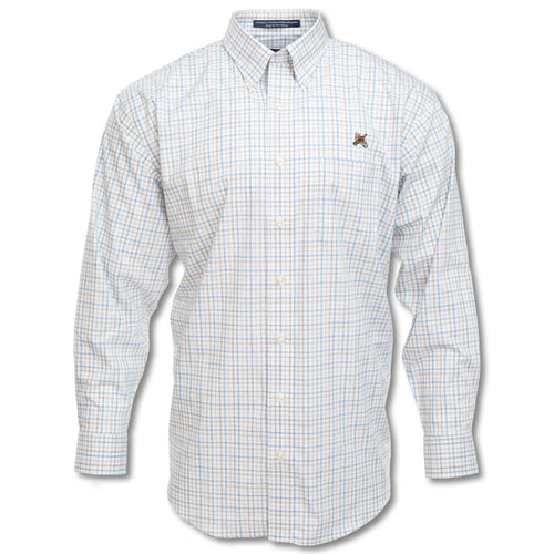 Kevin's wrinkle-free, long-sleeve button-down shirt in a blue and tan plaid cotton pattern with a quail chest embroidery.