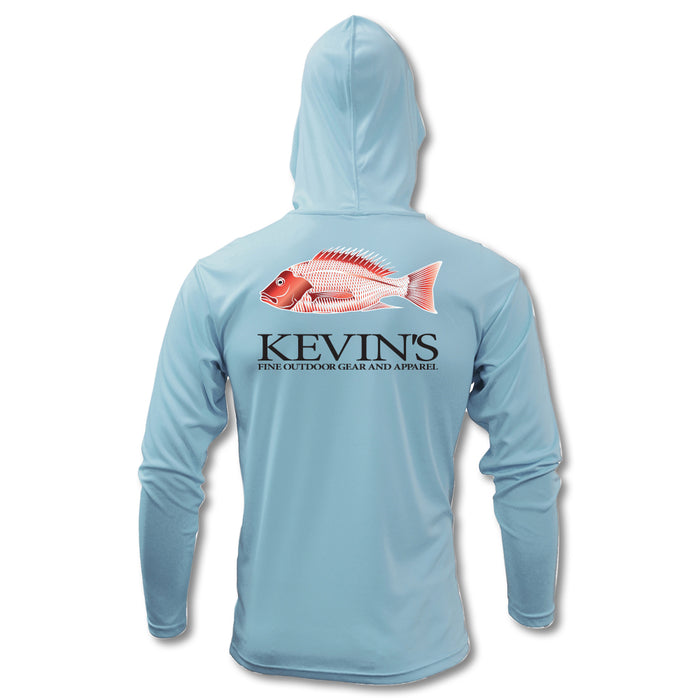 Light blue long-sleeve performance hoodie with a red snapper graphic and Kevin's logo on the back.