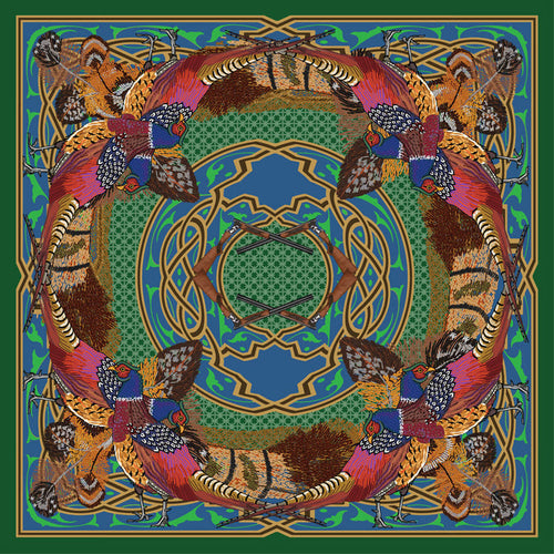 100% silk square scarf featuring a colorful pheasant and shotgun pattern on a green and blue geometric background.