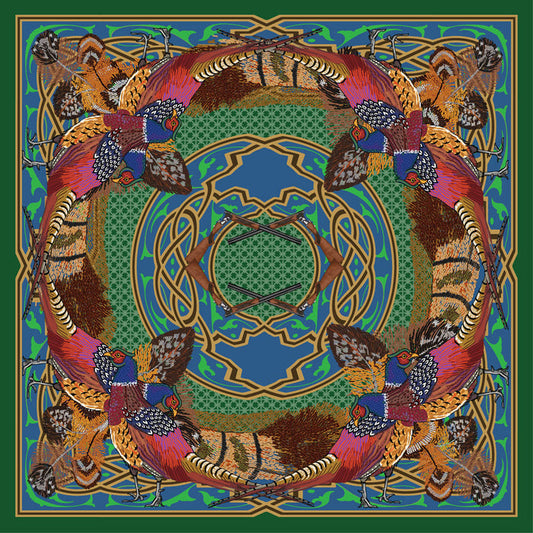 100% silk square scarf featuring a colorful pheasant and shotgun pattern on a green and blue geometric background.