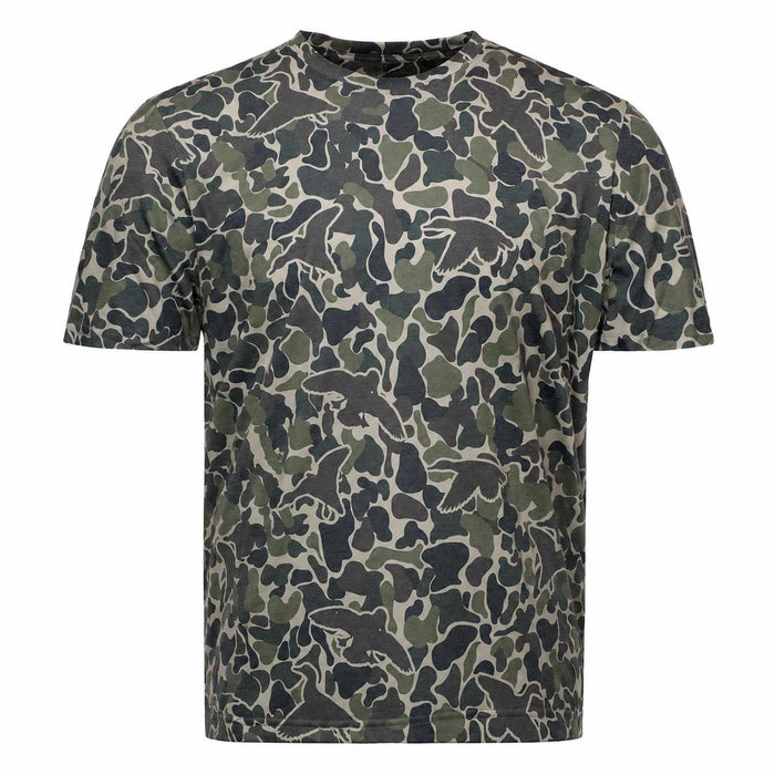 Short sleeve crew neck t-shirt in vintage green duck camo print with moisture-wicking DriRelease performance fabric.
