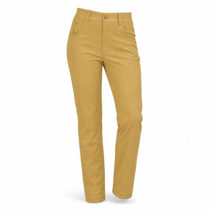 Tan women's performance brush pants with stretch fabric, belt loops, and a tailored fit for outdoor sporting activities.