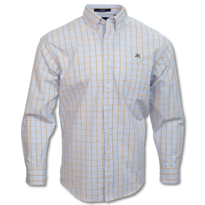 Blue and brown plaid wrinkle-free cotton sport shirt with a button-down collar and embroidered quail logo.