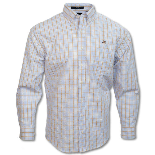 Blue and brown plaid wrinkle-free cotton sport shirt with a button-down collar and embroidered quail logo.