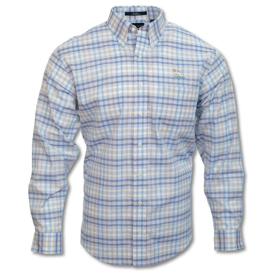 Wrinkle-free navy, brown, and white plaid button-down sport shirt with a pointer dog logo on the chest pocket.